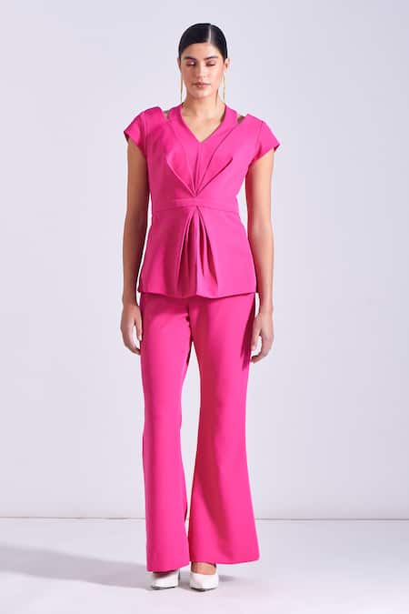 Buy_Zosia_Pink Crepe, Lycra V-neck Stella Draped Top And Bootcut Pant Set _Online_at_Aza_Fashions