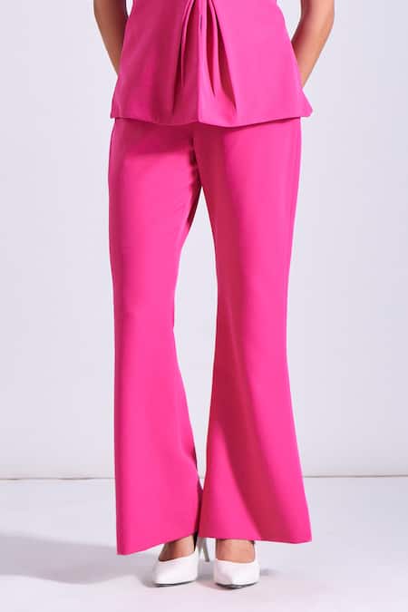 Shop_Zosia_Pink Crepe, Lycra V-neck Stella Draped Top And Bootcut Pant Set _Online_at_Aza_Fashions