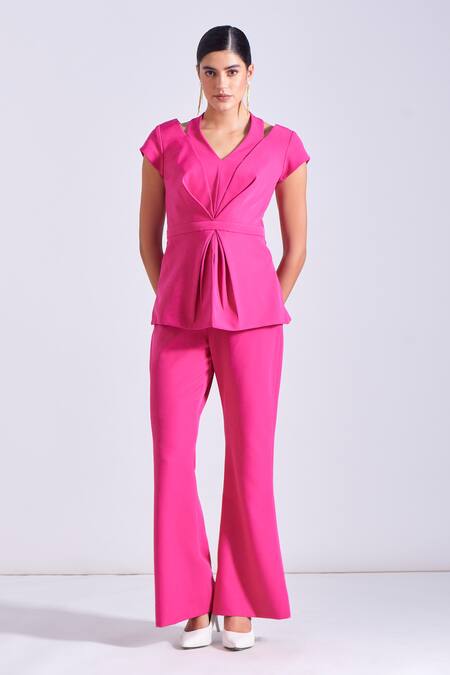 Zosia_Pink Crepe, Lycra V-neck Stella Draped Top And Bootcut Pant Set _at_Aza_Fashions