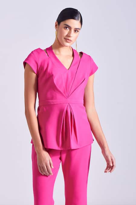 Buy_Zosia_Pink Crepe, Lycra V-neck Stella Draped Top And Bootcut Pant Set 