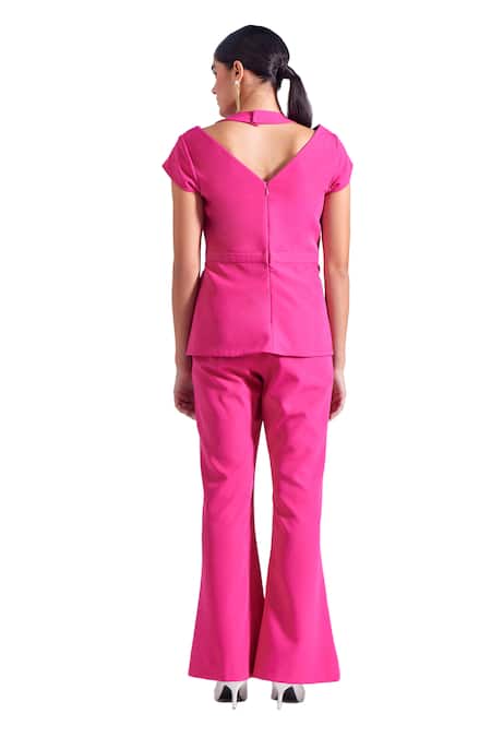 Shop_Zosia_Pink Crepe, Lycra V-neck Stella Draped Top And Bootcut Pant Set 