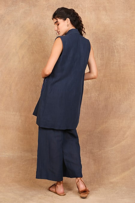 Shop The Right Cut Blue Linen, Cotton Embroidery Round Neck Iris Bloom Blazer Pant Set at Aza Fashions Shop_The Right Cut_Blue Linen, Cotton Embroidery Round Neck Iris Bloom Blazer Pant Set _at_Aza_Fashions