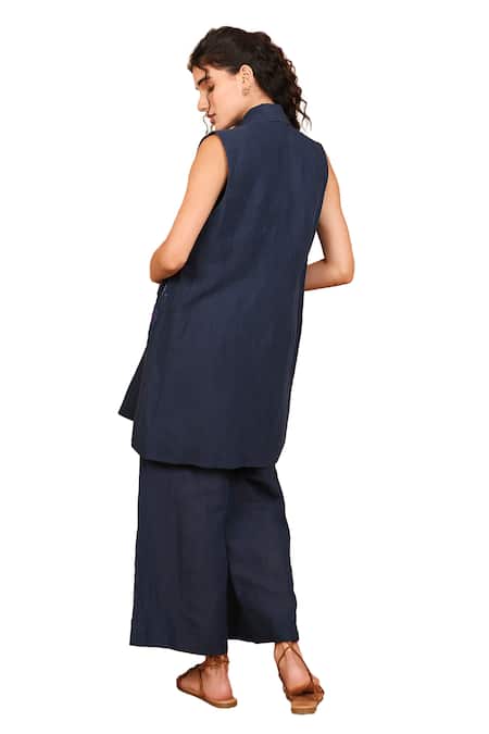 The Right Cut Blue Linen, Cotton Embroidery Round Neck Iris Bloom Blazer Pant Set Online at Aza Fashions The Right Cut_Blue Linen, Cotton Embroidery Round Neck Iris Bloom Blazer Pant Set _Online_at_Aza_Fashions