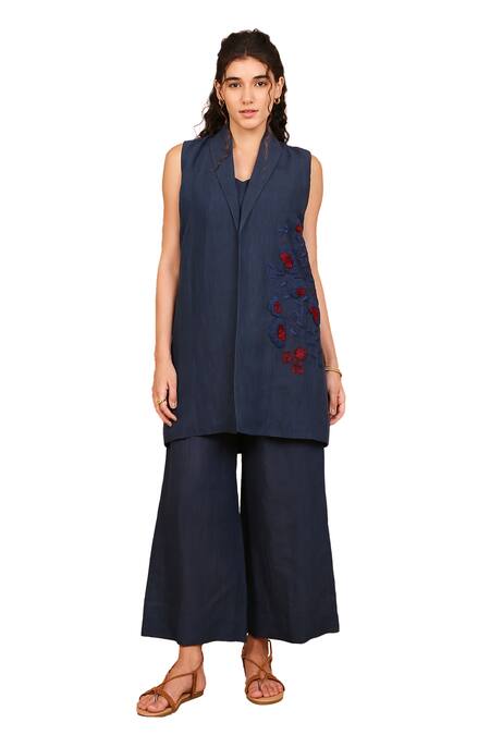 Shop The Right Cut Blue Linen, Cotton Embroidery Round Neck Iris Bloom Blazer Pant Set Online at Aza Fashions Shop_The Right Cut_Blue Linen, Cotton Embroidery Round Neck Iris Bloom Blazer Pant Set _Online_at_Aza_Fashions