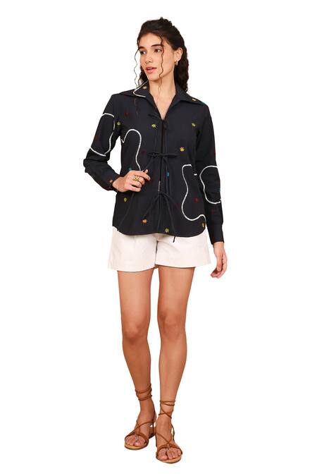 Buy The Right Cut Black Cotton Embroidery Collared Daisy Rainbow Front Tie Up Shirt Online at Aza Fashions Buy_The Right Cut_Black Cotton Embroidery Collared Daisy Rainbow Front Tie Up Shirt _Online_at_Aza_Fashions
