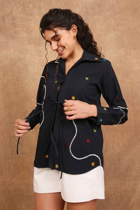 The Right Cut Black Cotton Embroidery Collared Daisy Rainbow Front Tie Up Shirt at Aza Fashions The Right Cut_Black Cotton Embroidery Collared Daisy Rainbow Front Tie Up Shirt _at_Aza_Fashions