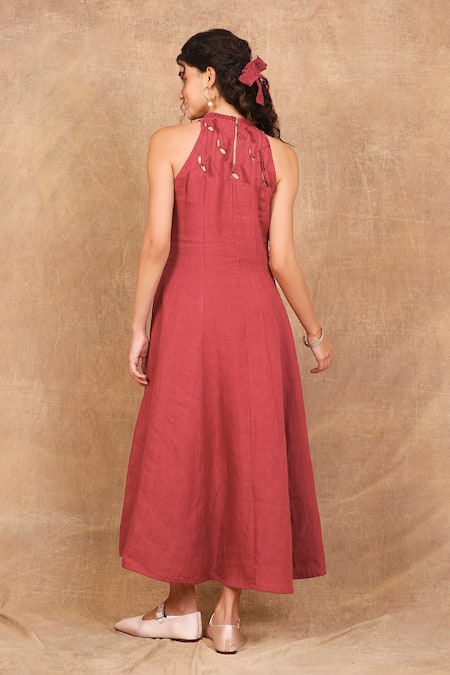 Shop The Right Cut Red Linen Embroidery Halter Neck Persian Leaf Cutwork Midi Dress at Aza Fashions Shop_The Right Cut_Red Linen Embroidery Halter Neck Persian Leaf Cutwork Midi Dress _at_Aza_Fashions