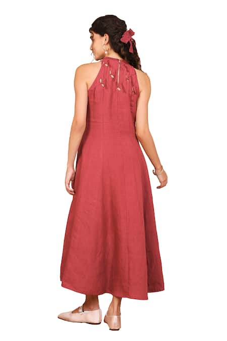 The Right Cut Red Linen Embroidery Halter Neck Persian Leaf Cutwork Midi Dress Online at Aza Fashions The Right Cut_Red Linen Embroidery Halter Neck Persian Leaf Cutwork Midi Dress _Online_at_Aza_Fashions