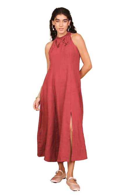 Buy The Right Cut Red Linen Embroidery Halter Neck Persian Leaf Cutwork Midi Dress Online at Aza Fashions Buy_The Right Cut_Red Linen Embroidery Halter Neck Persian Leaf Cutwork Midi Dress _Online_at_Aza_Fashions