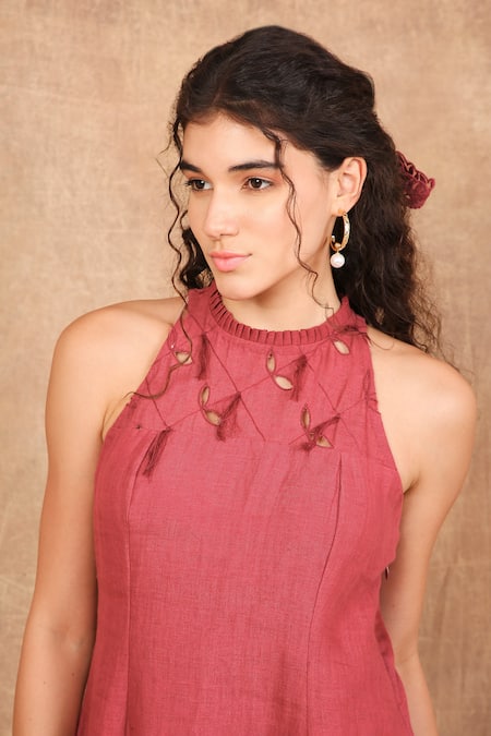 Shop The Right Cut Red Linen Embroidery Halter Neck Persian Leaf Cutwork Midi Dress Online at Aza Fashions Shop_The Right Cut_Red Linen Embroidery Halter Neck Persian Leaf Cutwork Midi Dress _Online_at_Aza_Fashions