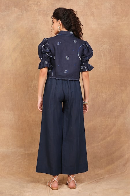 Shop The Right Cut Blue Linen Embroidery Collared Fleur Shirt With Pant at Aza Fashions Shop_The Right Cut_Blue Linen Embroidery Collared Fleur Shirt With Pant _at_Aza_Fashions