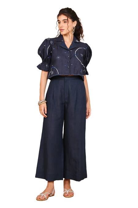 Buy The Right Cut Blue Linen Embroidery Collared Fleur Shirt With Pant Online at Aza Fashions Buy_The Right Cut_Blue Linen Embroidery Collared Fleur Shirt With Pant _Online_at_Aza_Fashions