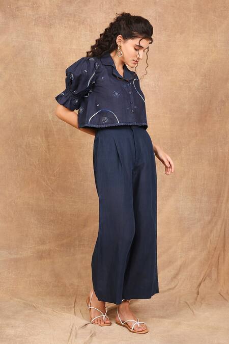 Shop The Right Cut Blue Linen Embroidery Collared Fleur Shirt With Pant Online at Aza Fashions Shop_The Right Cut_Blue Linen Embroidery Collared Fleur Shirt With Pant _Online_at_Aza_Fashions