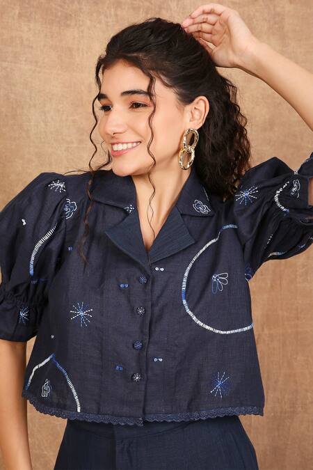 The Right Cut Blue Linen Embroidery Collared Fleur Shirt With Pant at Aza Fashions The Right Cut_Blue Linen Embroidery Collared Fleur Shirt With Pant _at_Aza_Fashions