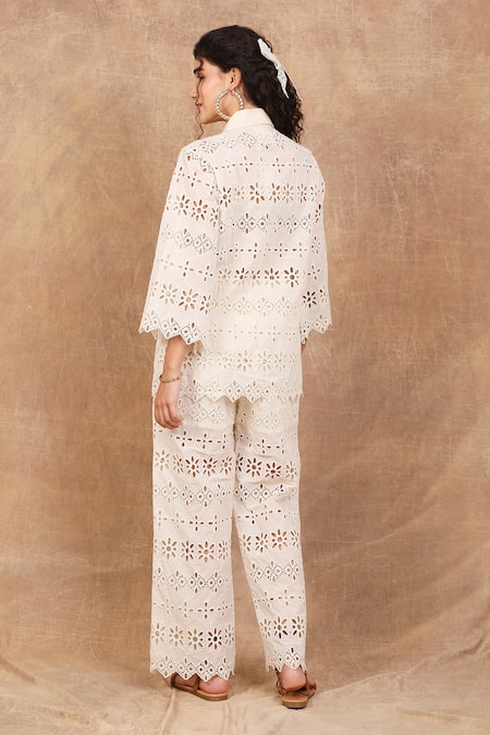 Shop The Right Cut Ivory Cotton Embroidery Collared Ricrack Floral Schiffli Lace Shirt With Pant at Aza Fashions Shop_The Right Cut_Ivory Cotton Embroidery Collared Ricrack Floral Schiffli Lace Shirt With Pant _at_Aza_Fashions
