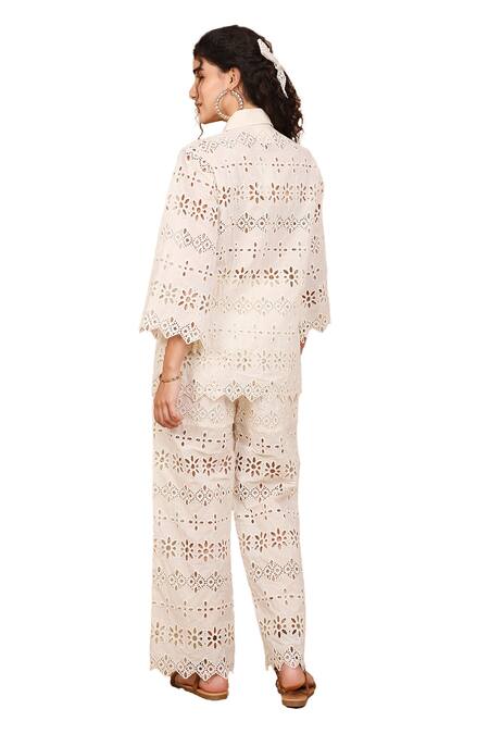 The Right Cut Ivory Cotton Embroidery Collared Ricrack Floral Schiffli Lace Shirt With Pant Online at Aza Fashions The Right Cut_Ivory Cotton Embroidery Collared Ricrack Floral Schiffli Lace Shirt With Pant _Online_at_Aza_Fashions
