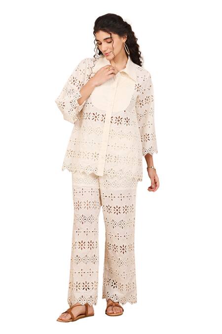 Buy The Right Cut Ivory Cotton Embroidery Collared Ricrack Floral Schiffli Lace Shirt With Pant Online at Aza Fashions Buy_The Right Cut_Ivory Cotton Embroidery Collared Ricrack Floral Schiffli Lace Shirt With Pant _Online_at_Aza_Fashions