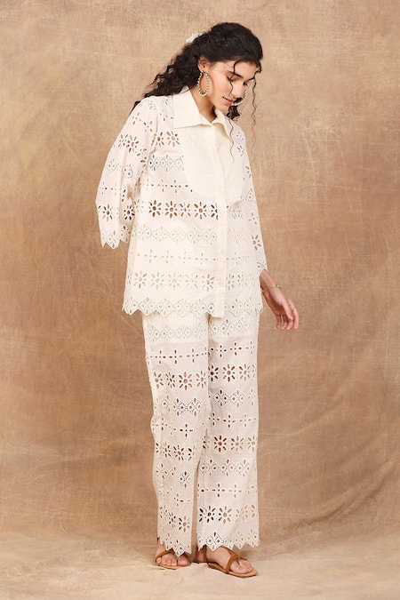 Shop The Right Cut Ivory Cotton Embroidery Collared Ricrack Floral Schiffli Lace Shirt With Pant Online at Aza Fashions Shop_The Right Cut_Ivory Cotton Embroidery Collared Ricrack Floral Schiffli Lace Shirt With Pant _Online_at_Aza_Fashions