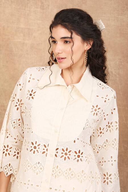 The Right Cut Ivory Cotton Embroidery Collared Ricrack Floral Schiffli Lace Shirt With Pant at Aza Fashions The Right Cut_Ivory Cotton Embroidery Collared Ricrack Floral Schiffli Lace Shirt With Pant _at_Aza_Fashions