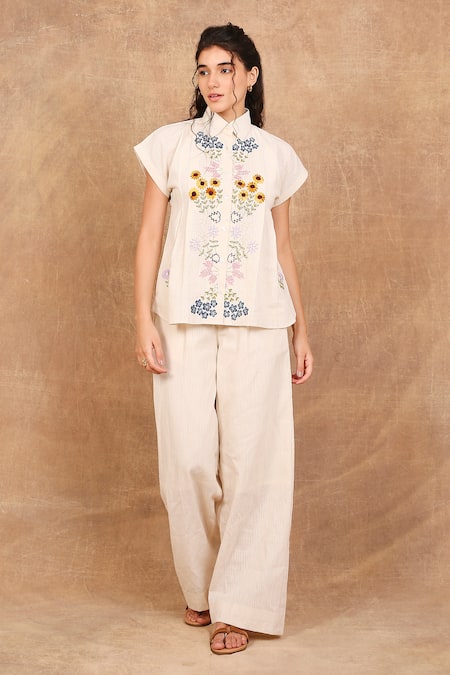 The Right Cut Sunflower Bloom Embroidered Kimono Shirt With Pant 