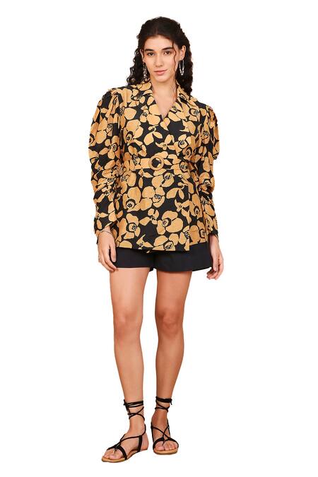 Buy The Right Cut Black Linen, Silk Collared Abstract Floret Print Lapel Jacket With Belt Online at Aza Fashions Buy_The Right Cut_Black Linen, Silk Collared Abstract Floret Print Lapel Jacket With Belt _Online_at_Aza_Fashions