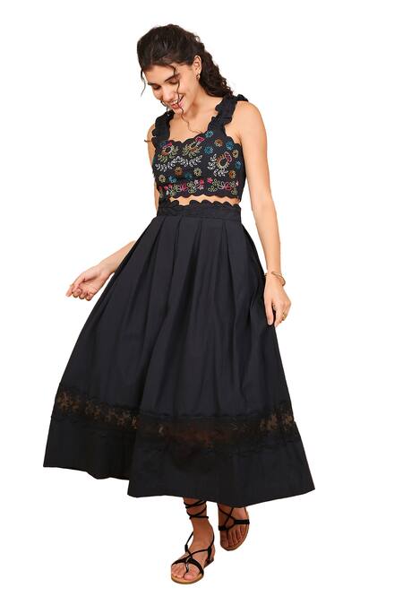 Buy The Right Cut Black Cotton Embroidery Kaleidoscope Bloom Garden Crop Top With Skirt Online at Aza Fashions Buy_The Right Cut_Black Cotton Embroidery Kaleidoscope Bloom Garden Crop Top With Skirt _Online_at_Aza_Fashions