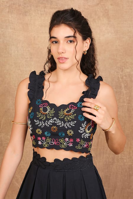Shop The Right Cut Black Cotton Embroidery Kaleidoscope Bloom Garden Crop Top With Skirt Online at Aza Fashions Shop_The Right Cut_Black Cotton Embroidery Kaleidoscope Bloom Garden Crop Top With Skirt _Online_at_Aza_Fashions