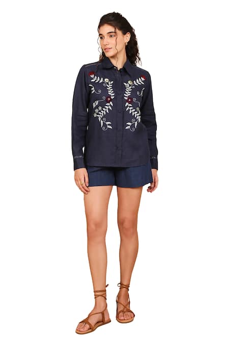 The Right Cut Blue Linen Lace Collared Marigold Ray Embroidered Shirt Online at Aza Fashions The Right Cut_Blue Linen Lace Collared Marigold Ray Embroidered Shirt _Online_at_Aza_Fashions