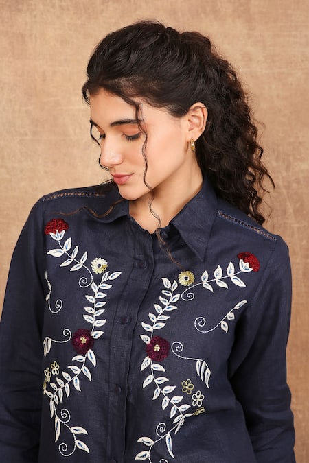 Shop The Right Cut Blue Linen Lace Collared Marigold Ray Embroidered Shirt Online at Aza Fashions Shop_The Right Cut_Blue Linen Lace Collared Marigold Ray Embroidered Shirt _Online_at_Aza_Fashions