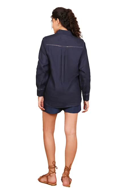 The Right Cut Blue Linen Lace Collared Marigold Ray Embroidered Shirt at Aza Fashions The Right Cut_Blue Linen Lace Collared Marigold Ray Embroidered Shirt _at_Aza_Fashions