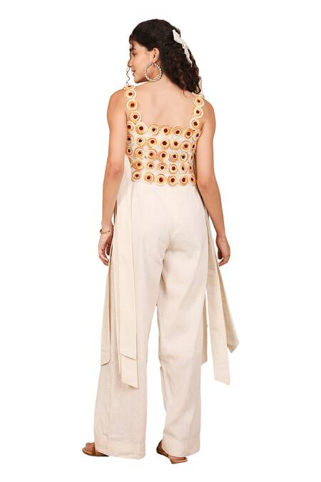 The Right Cut_Ivory Handloom Cotton Beads, Embroidery Square Neck Marigold Zest Crop Top_Online_at_Aza_Fashions