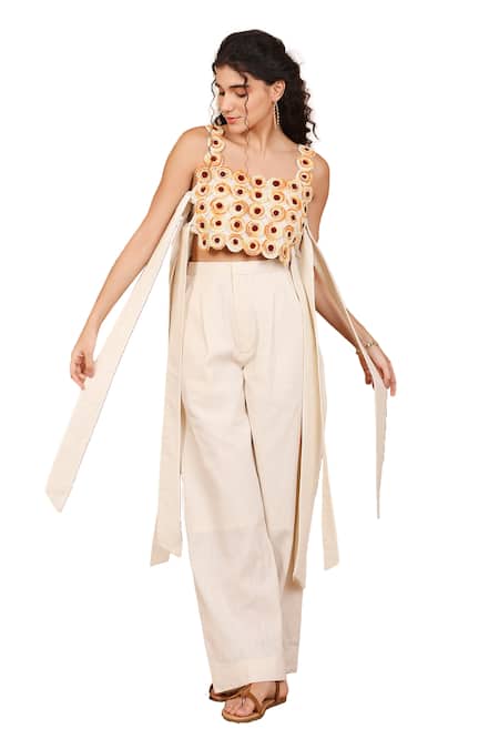 Buy_The Right Cut_Ivory Handloom Cotton Beads, Embroidery Square Neck Marigold Zest Crop Top_Online_at_Aza_Fashions
