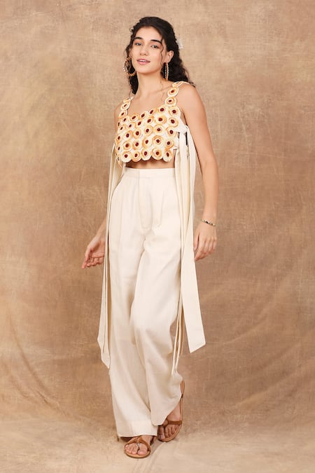Shop_The Right Cut_Ivory Handloom Cotton Beads, Embroidery Square Neck Marigold Zest Crop Top_Online_at_Aza_Fashions