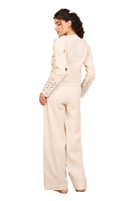 The Right Cut_Ivory Handloom , Embroidery Round Floral Fantasy Jacket Pant Set_Online_at_Aza_Fashions