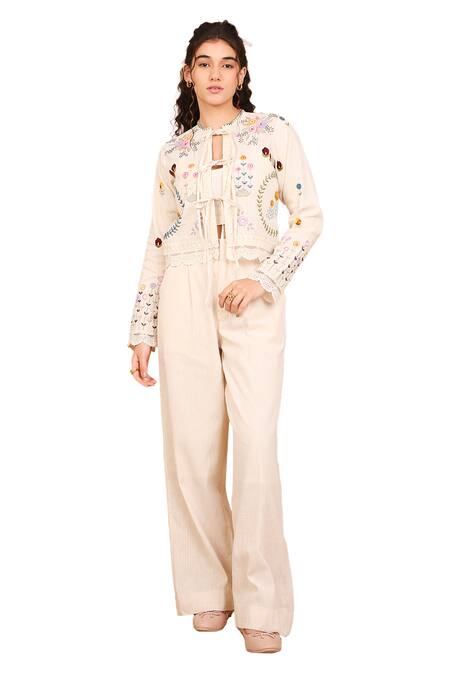Buy_The Right Cut_Ivory Handloom , Embroidery Round Floral Fantasy Jacket Pant Set_Online_at_Aza_Fashions