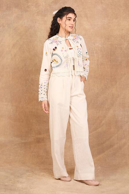 Shop_The Right Cut_Ivory Handloom , Embroidery Round Floral Fantasy Jacket Pant Set_Online_at_Aza_Fashions