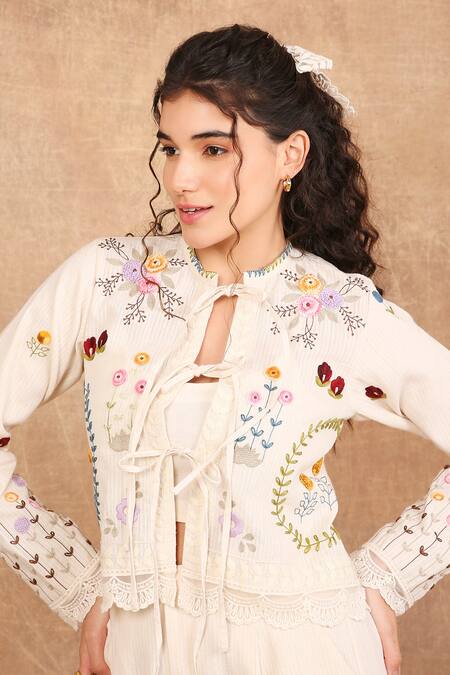 The Right Cut_Ivory Handloom , Embroidery Round Floral Fantasy Jacket Pant Set_at_Aza_Fashions