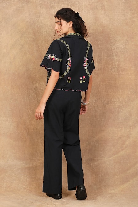 Shop The Right Cut Black Cotton Embroidery Collared Rose Aztec Jacket Pant Set at Aza Fashions Shop_The Right Cut_Black Cotton Embroidery Collared Rose Aztec Jacket Pant Set _at_Aza_Fashions