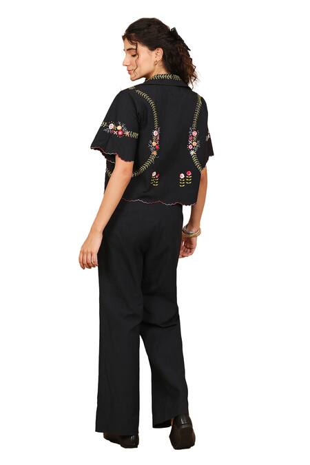 The Right Cut Black Cotton Embroidery Collared Rose Aztec Jacket Pant Set Online at Aza Fashions The Right Cut_Black Cotton Embroidery Collared Rose Aztec Jacket Pant Set _Online_at_Aza_Fashions