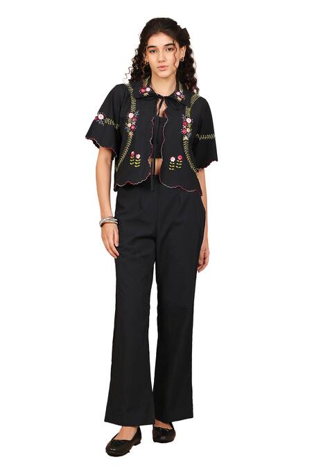 Buy The Right Cut Black Cotton Embroidery Collared Rose Aztec Jacket Pant Set Online at Aza Fashions Buy_The Right Cut_Black Cotton Embroidery Collared Rose Aztec Jacket Pant Set _Online_at_Aza_Fashions