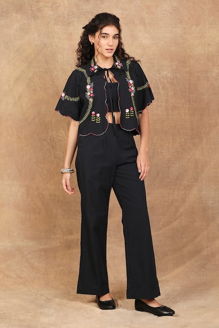 Shop The Right Cut Black Cotton Embroidery Collared Rose Aztec Jacket Pant Set Online at Aza Fashions Shop_The Right Cut_Black Cotton Embroidery Collared Rose Aztec Jacket Pant Set _Online_at_Aza_Fashions