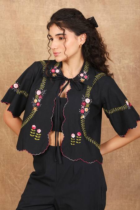 The Right Cut Black Cotton Embroidery Collared Rose Aztec Jacket Pant Set at Aza Fashions The Right Cut_Black Cotton Embroidery Collared Rose Aztec Jacket Pant Set _at_Aza_Fashions