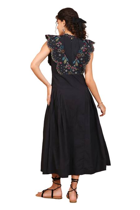 The Right Cut Black Cotton Embroidery Plunge Neck Rainbow Prism Blossom Dress Online at Aza Fashions The Right Cut_Black Cotton Embroidery Plunge Neck Rainbow Prism Blossom Dress _Online_at_Aza_Fashions