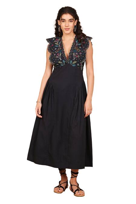 The Right Cut Black Cotton Embroidery Plunge Neck Rainbow Prism Blossom Dress at Aza Fashions The Right Cut_Black Cotton Embroidery Plunge Neck Rainbow Prism Blossom Dress _at_Aza_Fashions