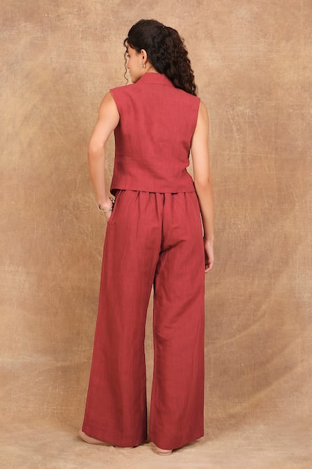 Shop The Right Cut Red Linen Embroidery Collared Birds Of Paradise Flora Vest With Pant at Aza Fashions Shop_The Right Cut_Red Linen Embroidery Collared Birds Of Paradise Flora Vest With Pant _at_Aza_Fashions