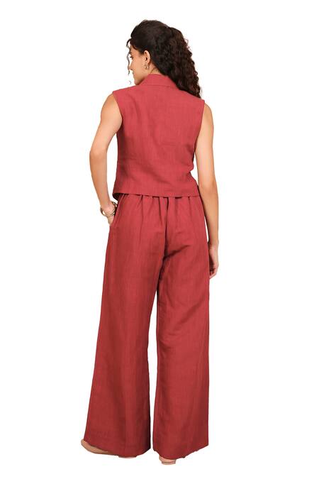 The Right Cut Red Linen Embroidery Collared Birds Of Paradise Flora Vest With Pant Online at Aza Fashions The Right Cut_Red Linen Embroidery Collared Birds Of Paradise Flora Vest With Pant _Online_at_Aza_Fashions