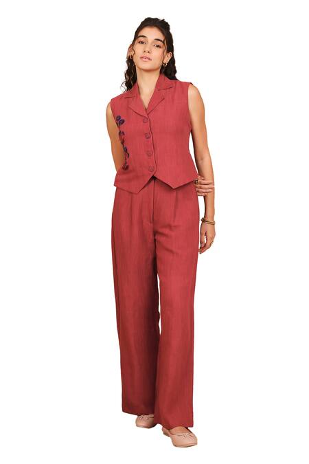 Buy The Right Cut Red Linen Embroidery Collared Birds Of Paradise Flora Vest With Pant Online at Aza Fashions Buy_The Right Cut_Red Linen Embroidery Collared Birds Of Paradise Flora Vest With Pant _Online_at_Aza_Fashions