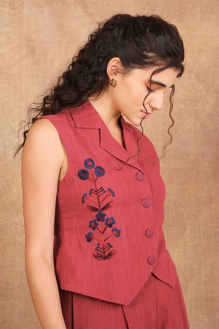 The Right Cut Red Linen Embroidery Collared Birds Of Paradise Flora Vest With Pant at Aza Fashions The Right Cut_Red Linen Embroidery Collared Birds Of Paradise Flora Vest With Pant _at_Aza_Fashions