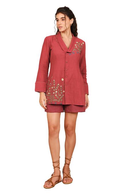 Buy The Right Cut Red Linen Embroidery Collared Lily Of The Valley Shirt Online at Aza Fashions Buy_The Right Cut_Red Linen Embroidery Collared Lily Of The Valley Shirt _Online_at_Aza_Fashions