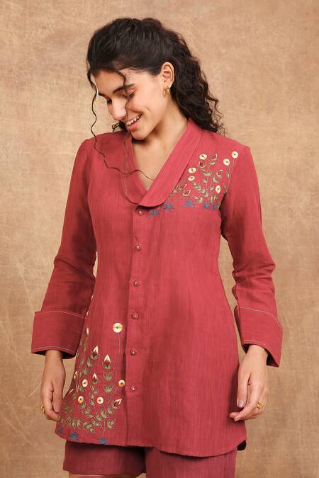 The Right Cut Red Linen Embroidery Collared Lily Of The Valley Shirt at Aza Fashions The Right Cut_Red Linen Embroidery Collared Lily Of The Valley Shirt _at_Aza_Fashions